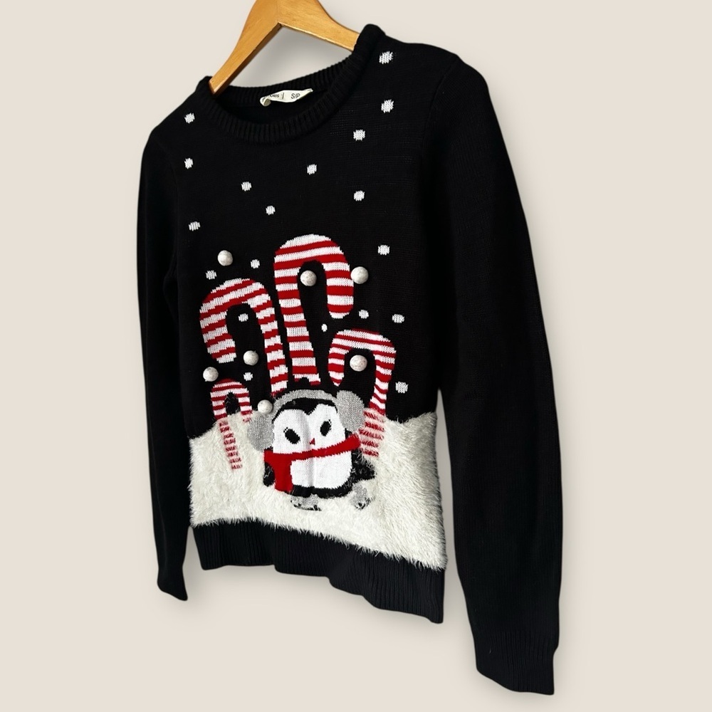 Bluenotes Black Knit Christmas Candy Cane Penguin Sweater - Picture 3 of 7